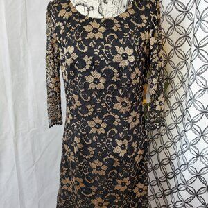 NEW Gibson Latimer ¾ Lace Sleeve Black & Gold Metallic Floral Dress -  Size 10